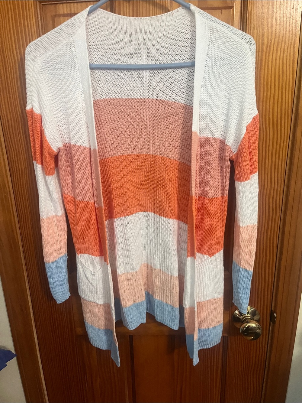 Open-Front Striped Knit Cardigan - White, Orange & Blue